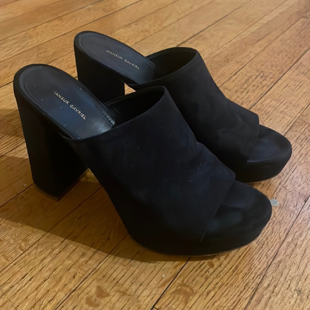 Mansur Gavriel Suede Slides Dark Blue Leather Trim Block Heels Platform Size 39